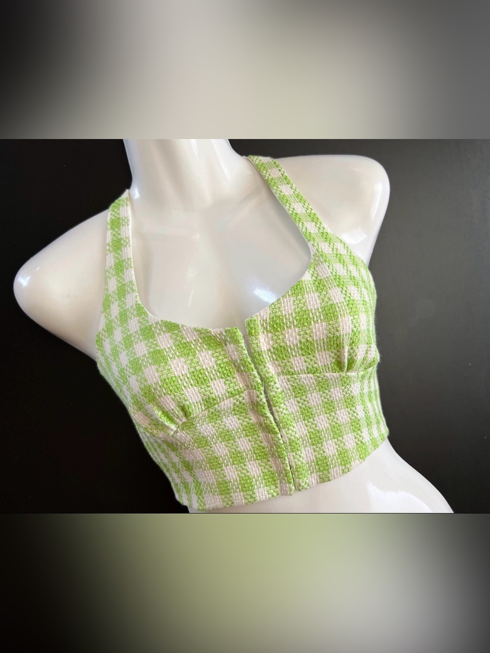 Green Gingham Halter Crop Top